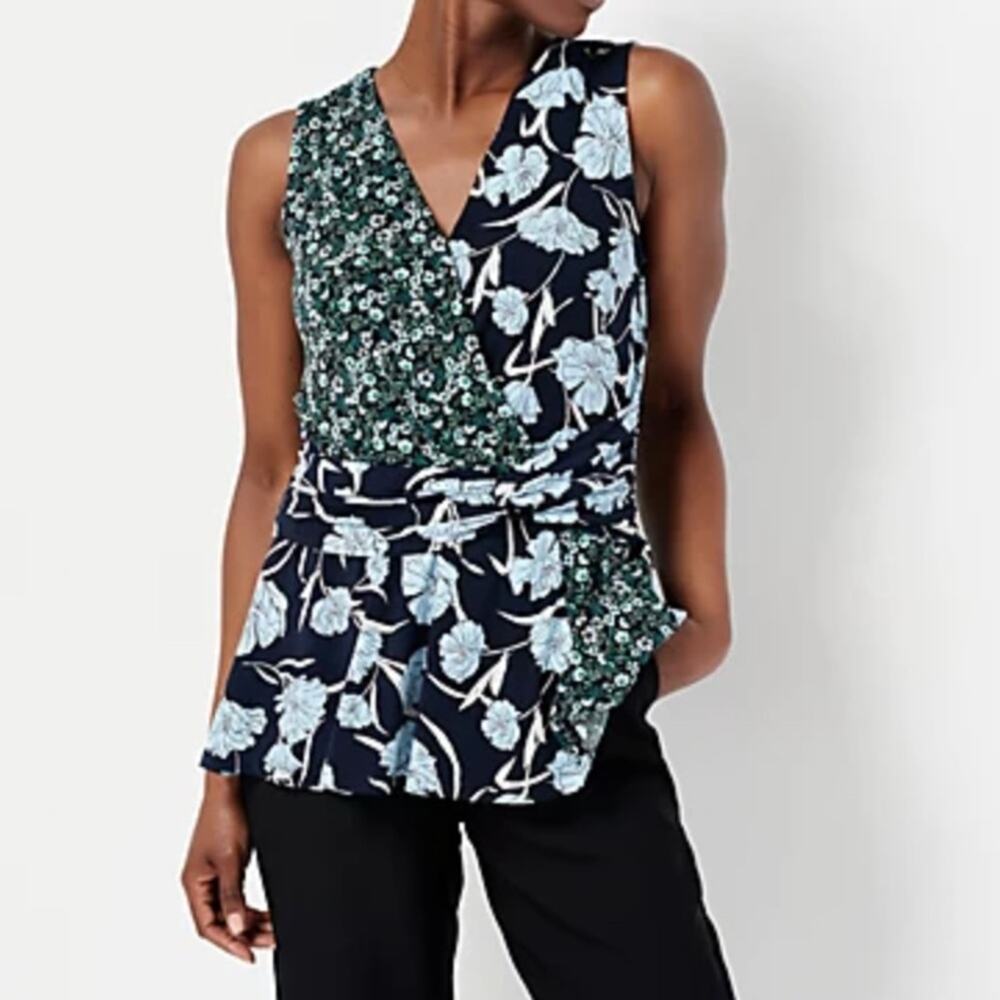 J Jason Wu Sleeveless Peplum City Twisted Knot Knit Top Blue Floral